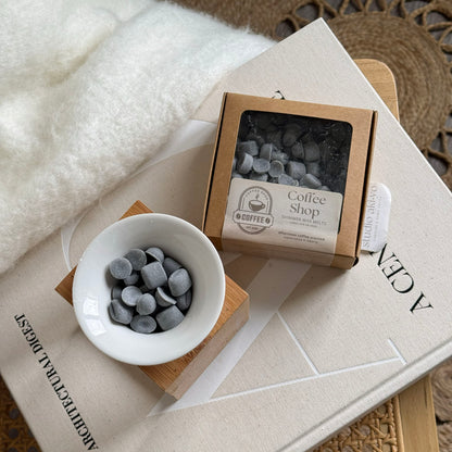 Coffee shop wax melt scoopies scented with rich espresso in shapes of coffee beans