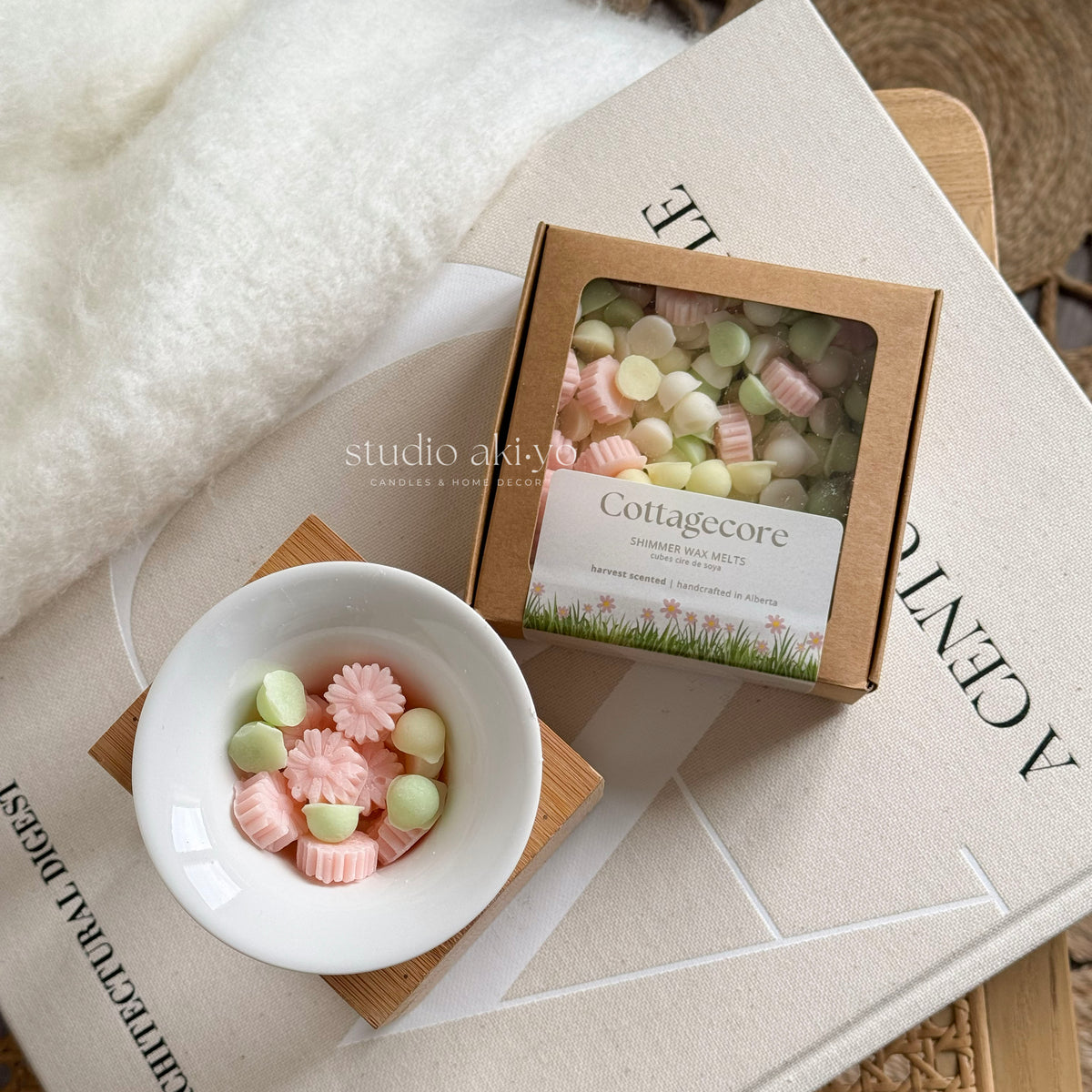 Cottagecore wax melts scoopies shaped with soft delicate flowers and scented with honeysuckle pear