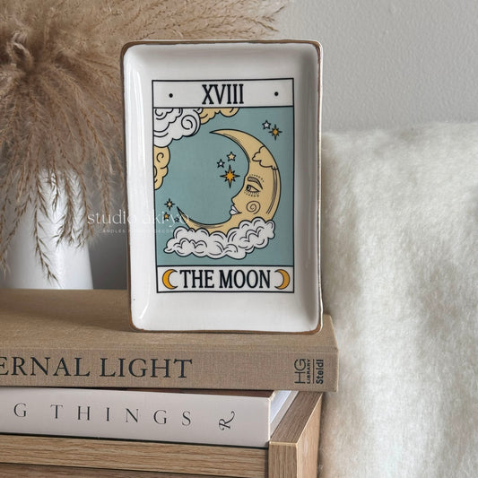 Ceramic trinket tray featuring The Moon tarot card design with gold rim