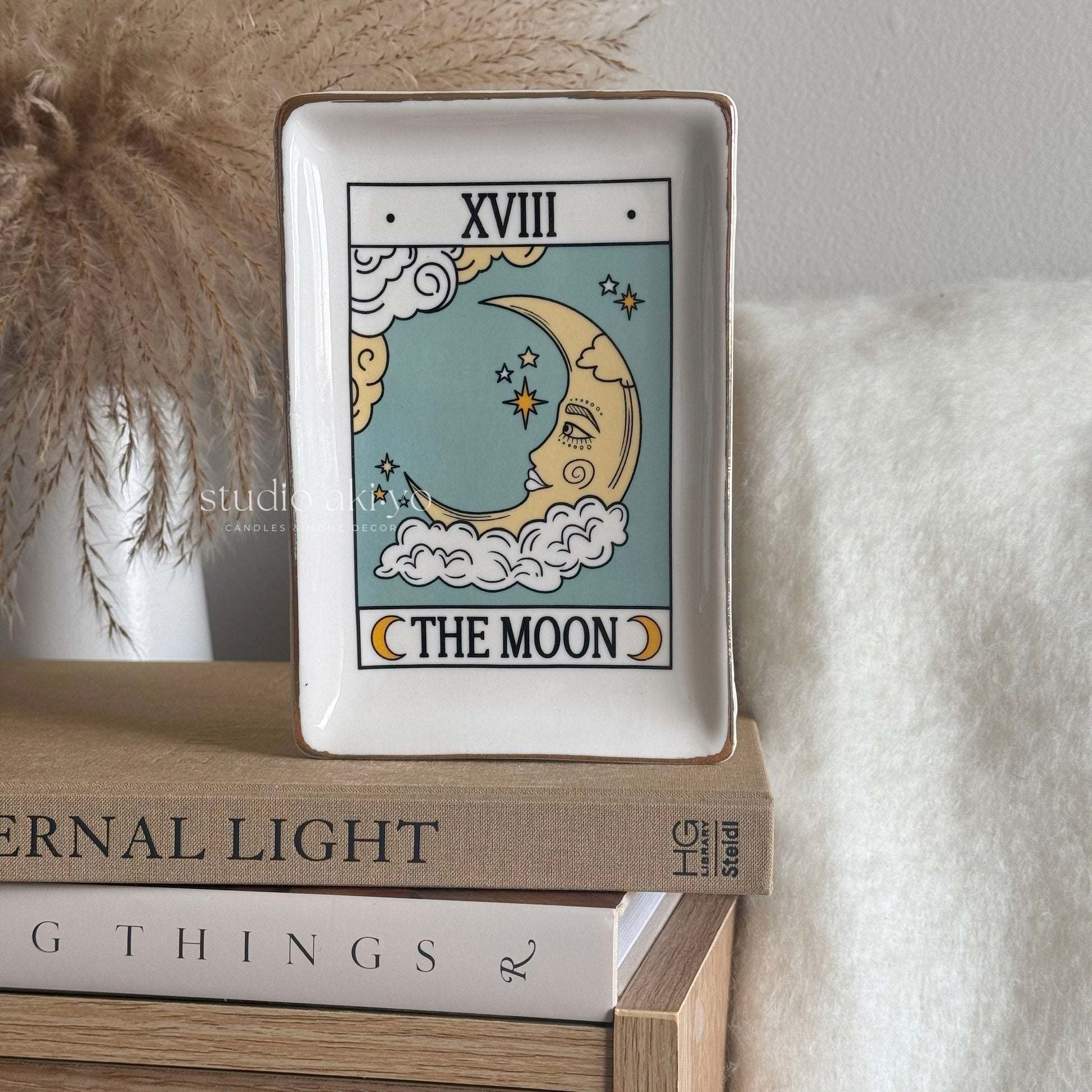 Ceramic trinket tray featuring The Moon tarot card design with gold rim