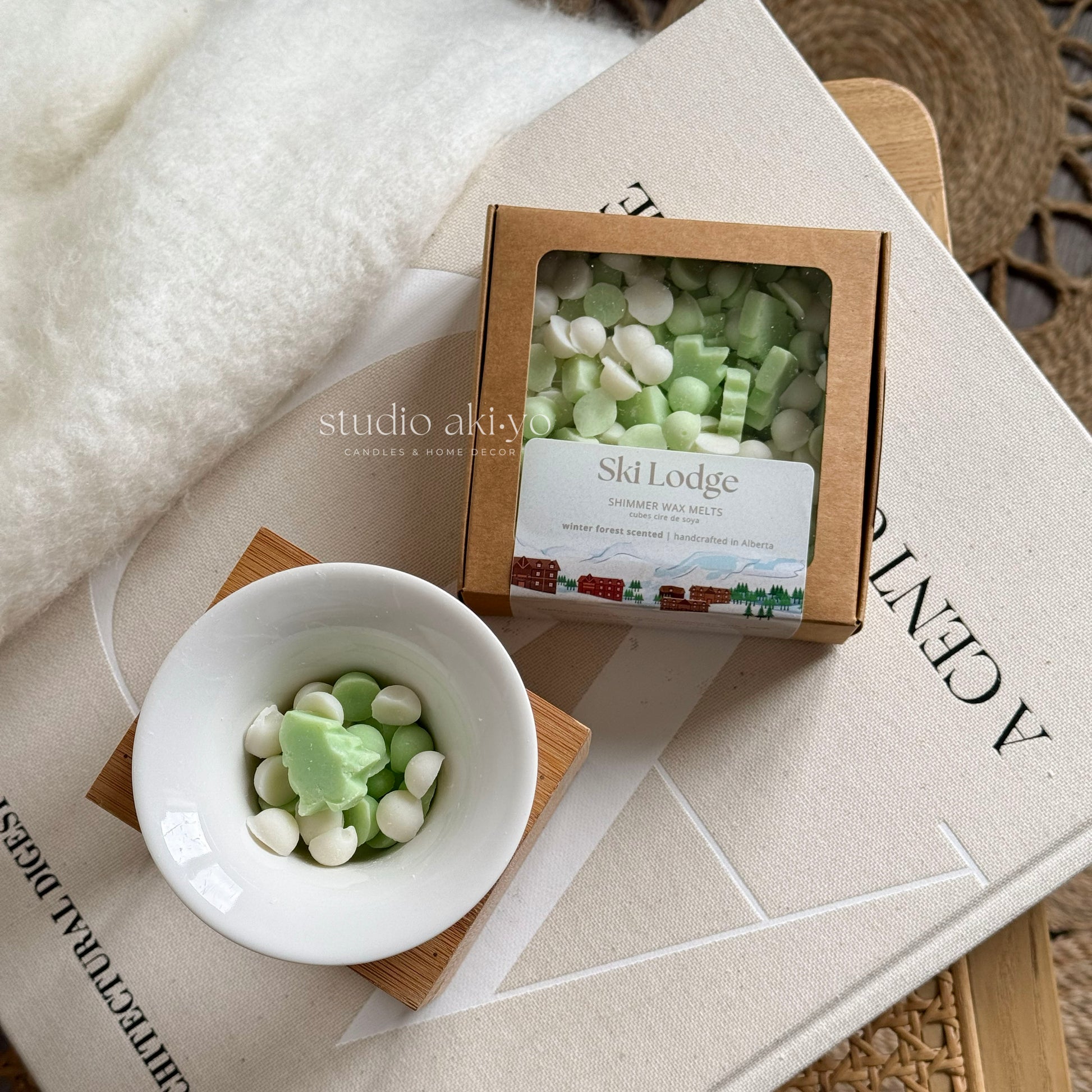 Ski Lodge soy wax melts scoopies shapred in trees scented with fir trees and delicious peaches