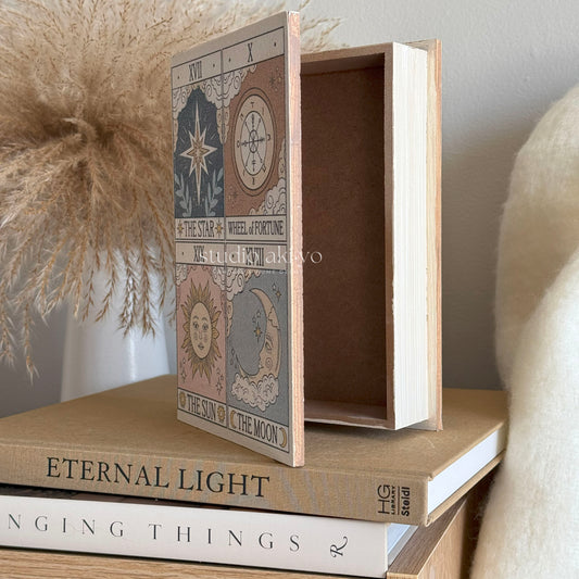 Book-shaped storage box with vintage tarot design—Sun, Moon, Star motifs
