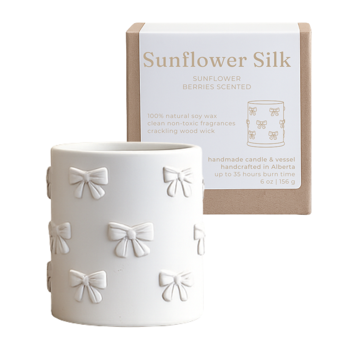Sunflower silk bow scented candle jar from studio akiyo. Sunflower berries scented with 100% natural soy wax.