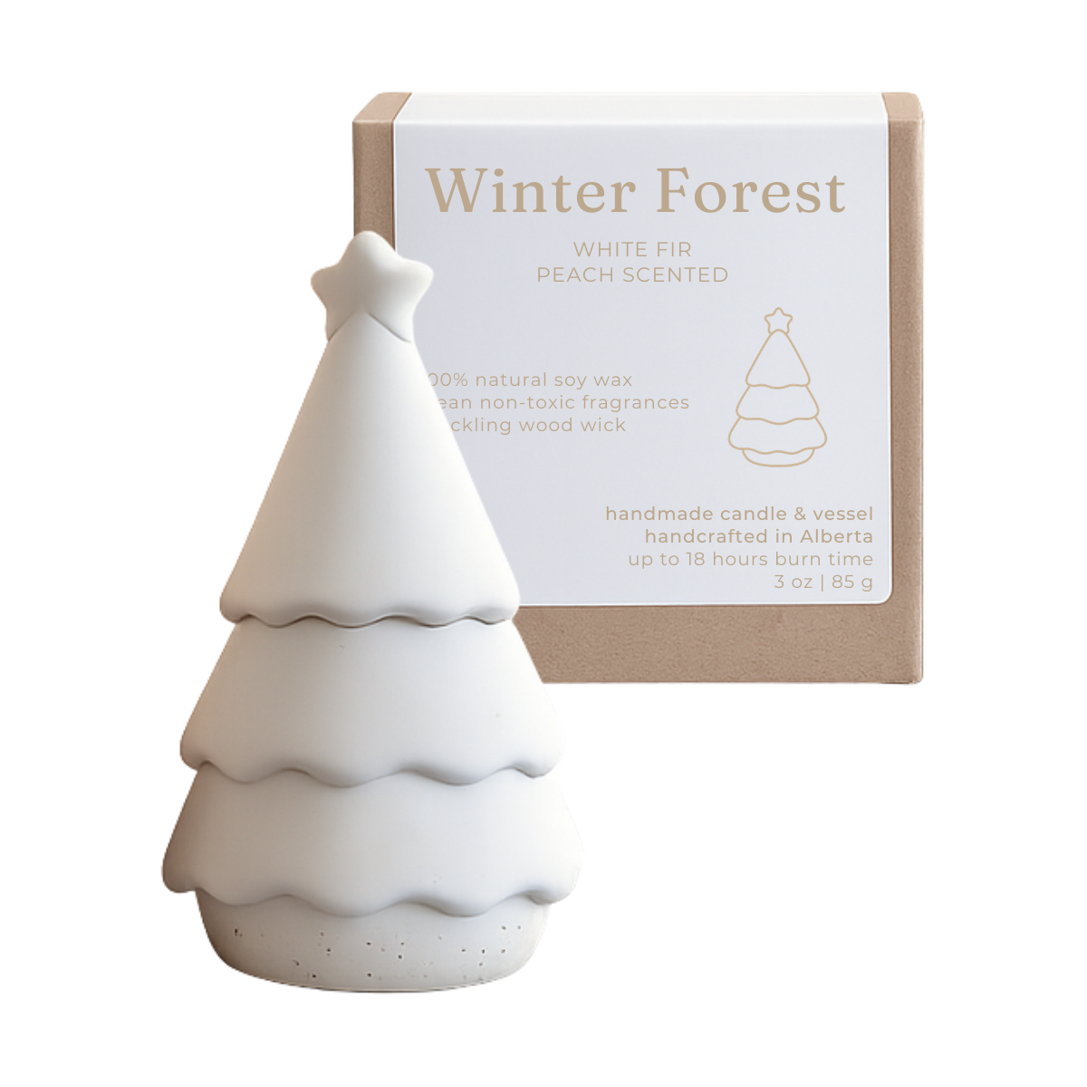 White tree-shaped candle with packaging labeled 'Winter Forest' on a white background