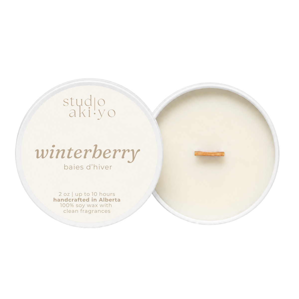 Winterberry 2oz mini travel tin candle from Studio Akiyo. 2oz up to 10 hours burn time handcrafted in Alberta made with 100% natural soy wax with clean burning fragrances.
