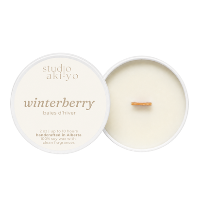 Winterberry 2oz mini travel tin candle from Studio Akiyo. 2oz up to 10 hours burn time handcrafted in Alberta made with 100% natural soy wax with clean burning fragrances.