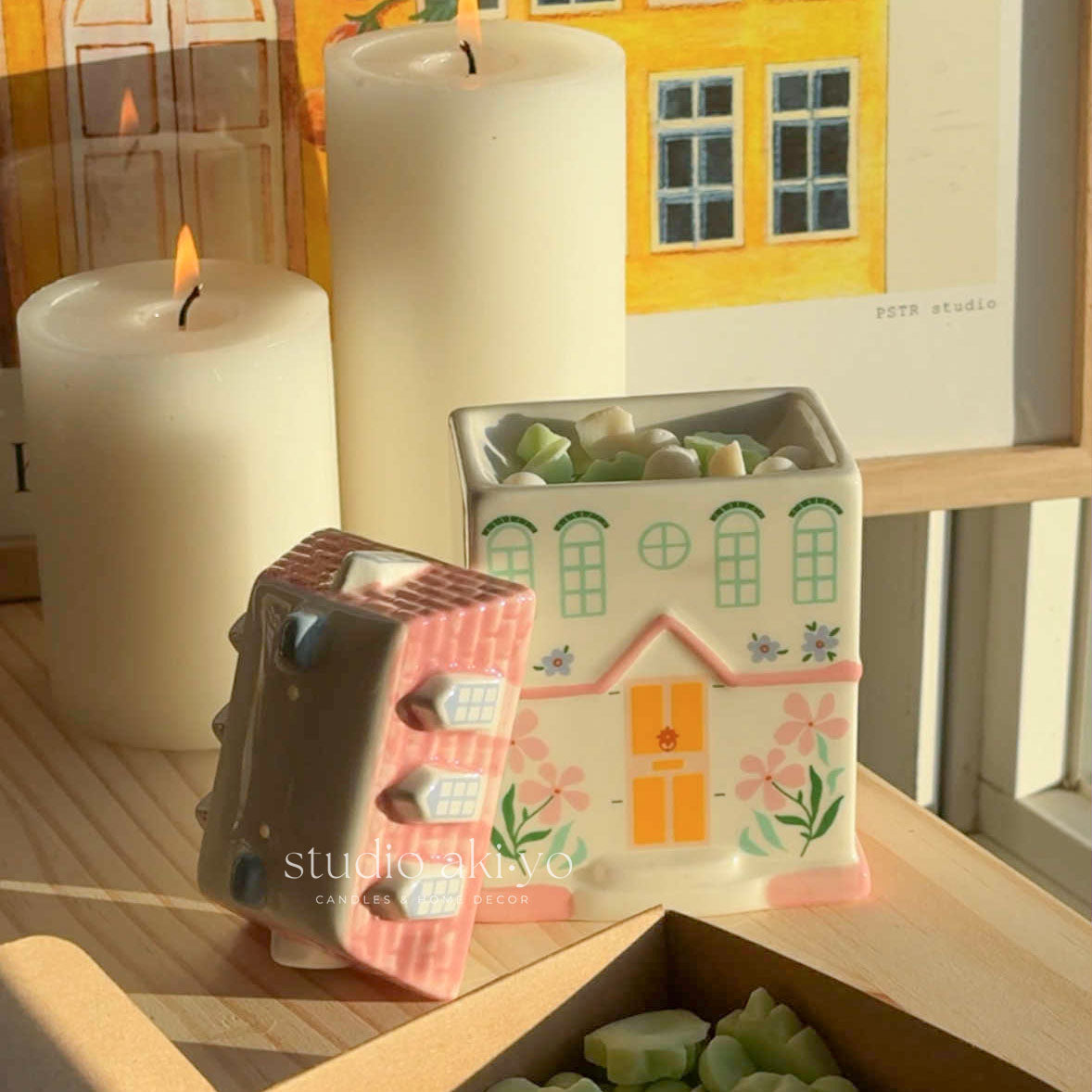 Ceramic cottagecore house wax melt burner with removable pastel pink roof lid