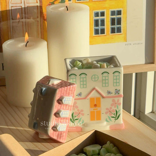 Ceramic cottagecore house wax melt burner with removable pastel pink roof lid