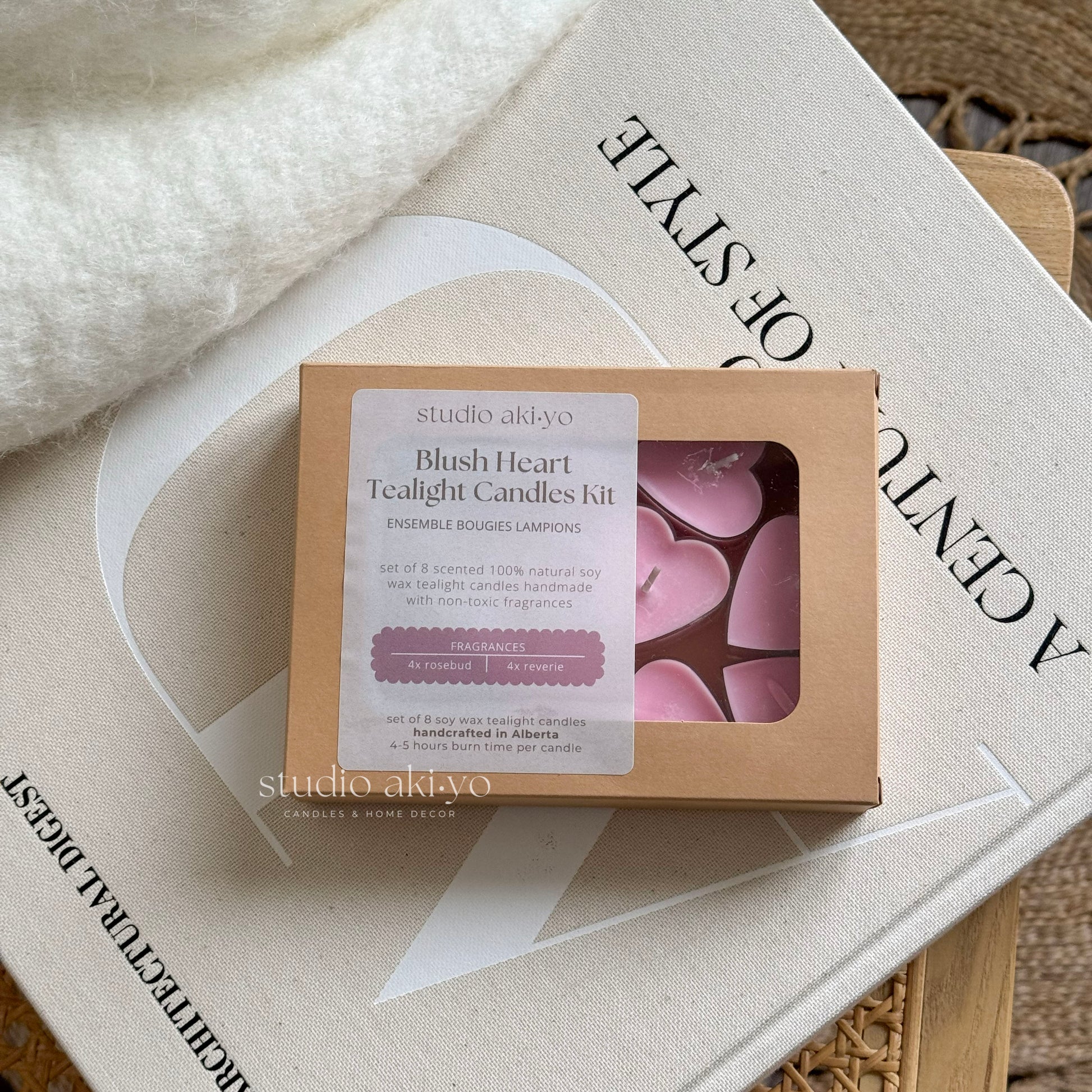 Blush Heart Tealight Candles Kit packaging on a textured surface with visible brand name.