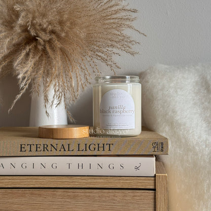 Studio Akiyo glass candle jar scented wood wick candle with natural bamboo lid 8oz.