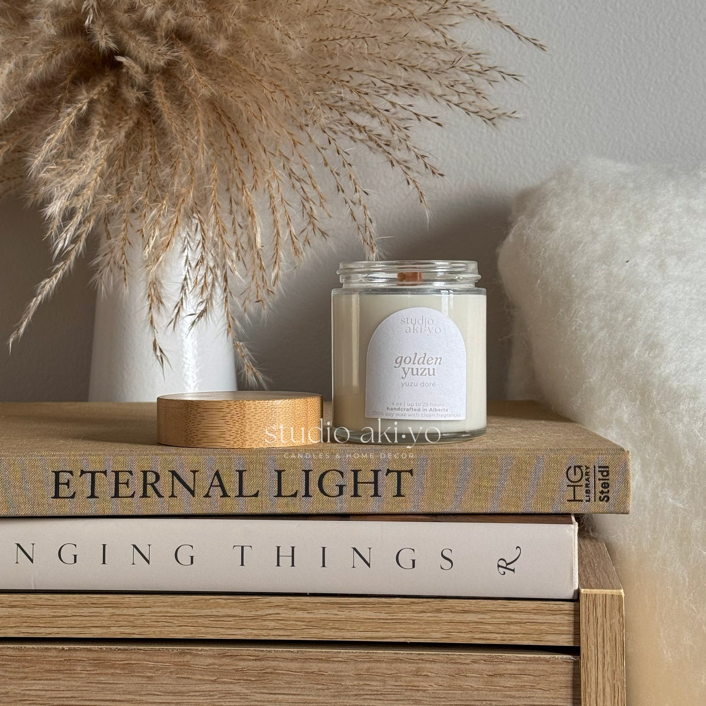 Studio Akiyo glass candle jar scented wood wick candle with natural bamboo lid 4oz.