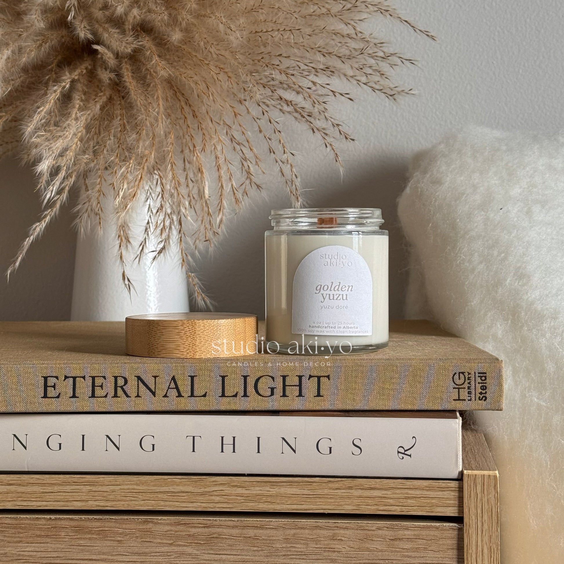 Studio Akiyo glass candle jar scented wood wick candle with natural bamboo lid 4oz.