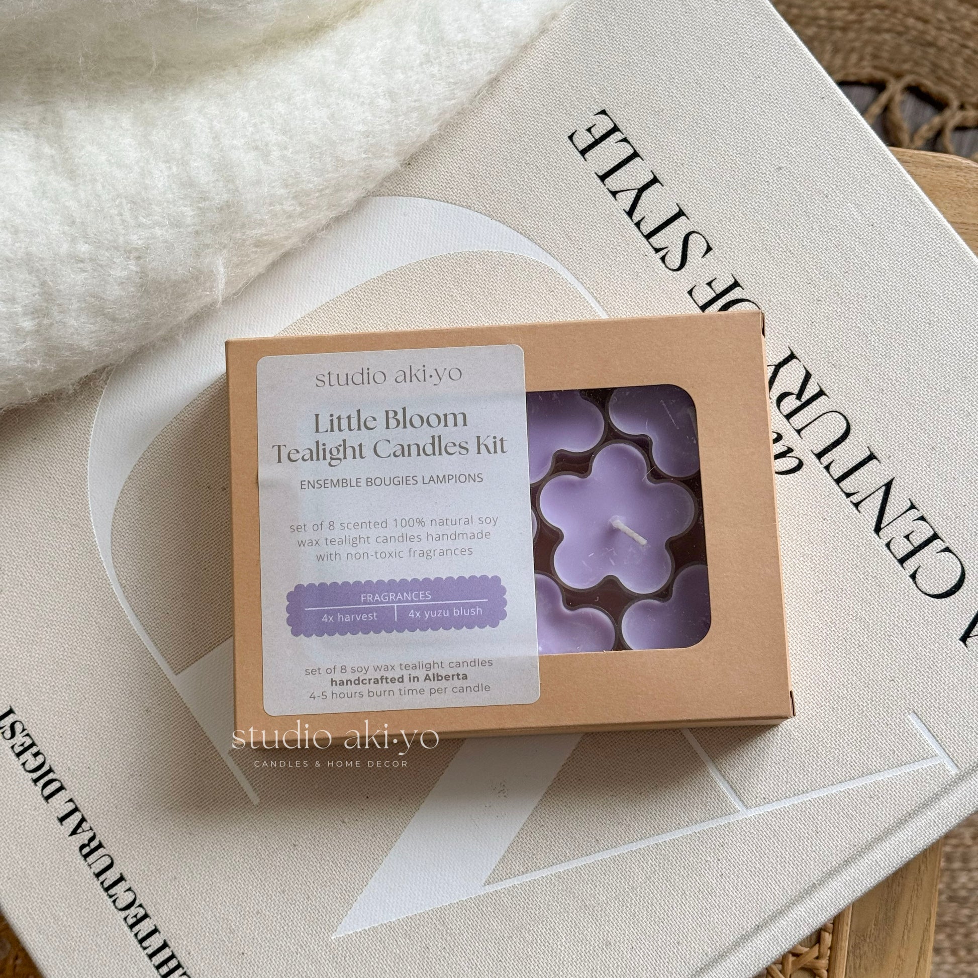 Little Bloom Tealight Candles kit packaging on a surface with visible branding.