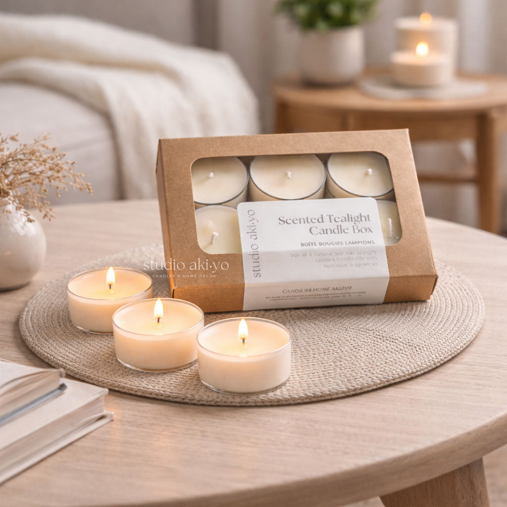 Studio Akiyo box of scented tealight candles on a wooden table with a cozy indoor setting.